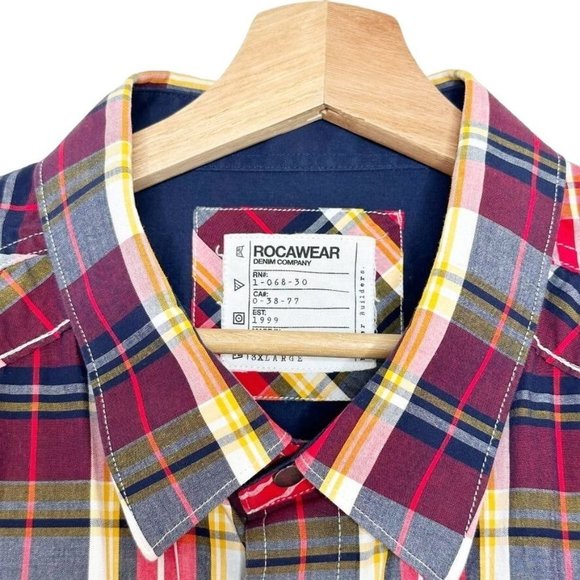 Rocawear Men's Button Down Shirt 3XL Short Sleeve Red Black Plaid Snap Buttons - Picture 3 of 10